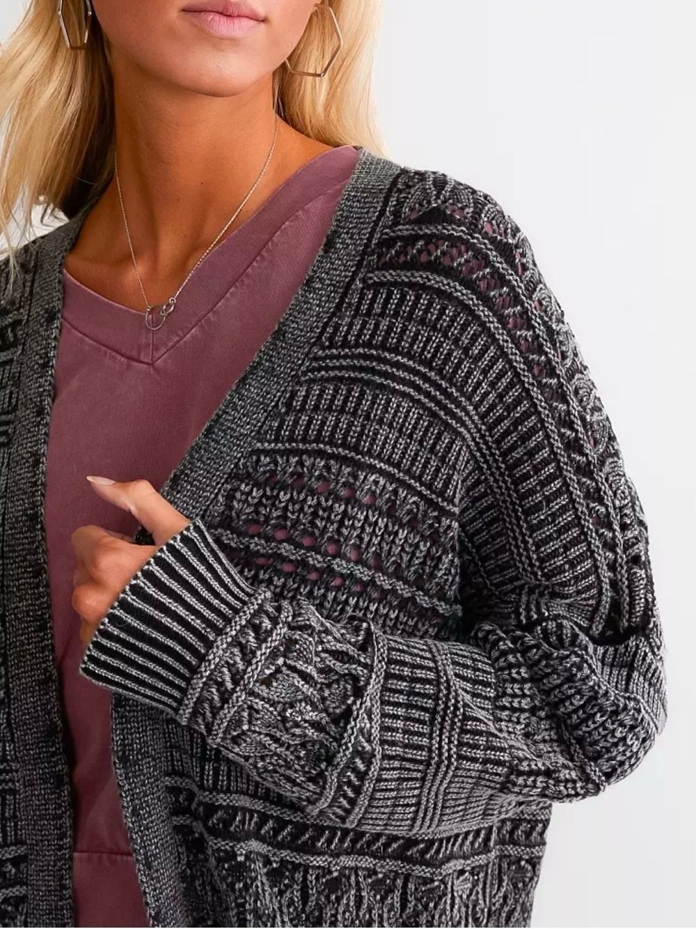 BKE Women’s 100% Cotton Black White Long Loose Knit Cardigan Sweater Medium - Picture 3 of 10